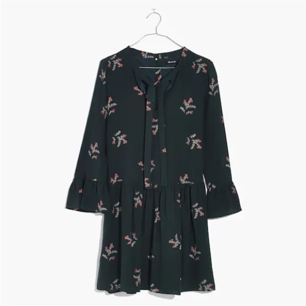 Madewell Dark Green Floral Tie-Neck Dress